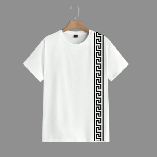 White T-Shirt with Greek Key Side Stripe Design
