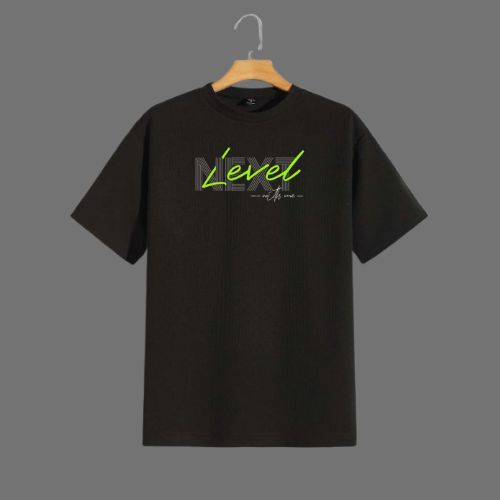 Black Casual T-Shirt with Neon “Level” Graphic Print