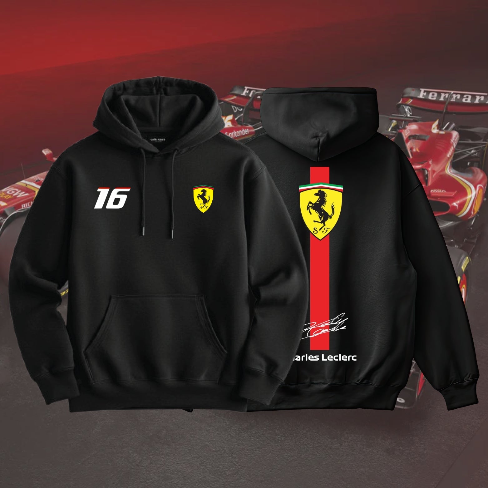 Ferrari Charles Leclerc 16 Black Premium Hoodie – Front & Back Logo Design